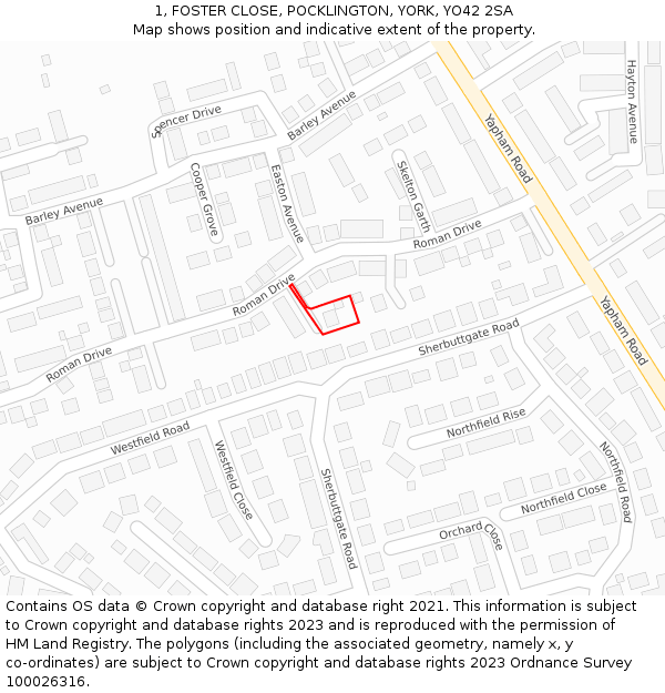 1, FOSTER CLOSE, POCKLINGTON, YORK, YO42 2SA: Location map and indicative extent of plot