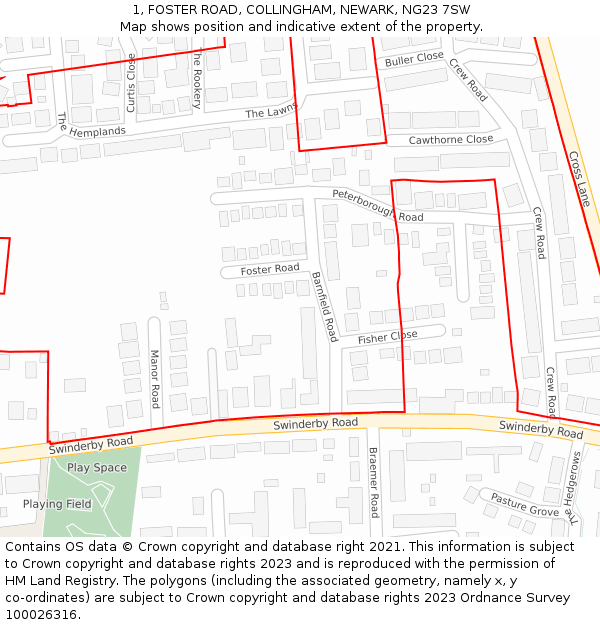 1, FOSTER ROAD, COLLINGHAM, NEWARK, NG23 7SW: Location map and indicative extent of plot