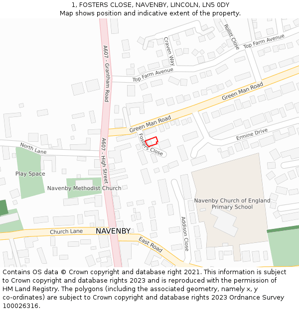 1, FOSTERS CLOSE, NAVENBY, LINCOLN, LN5 0DY: Location map and indicative extent of plot