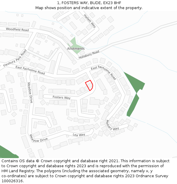 1, FOSTERS WAY, BUDE, EX23 8HF: Location map and indicative extent of plot