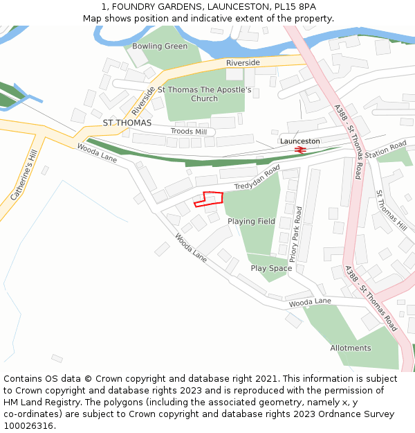 1, FOUNDRY GARDENS, LAUNCESTON, PL15 8PA: Location map and indicative extent of plot