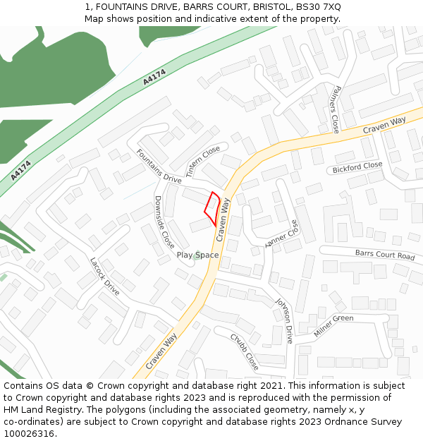1, FOUNTAINS DRIVE, BARRS COURT, BRISTOL, BS30 7XQ: Location map and indicative extent of plot