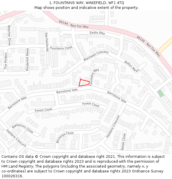 1, FOUNTAINS WAY, WAKEFIELD, WF1 4TQ: Location map and indicative extent of plot