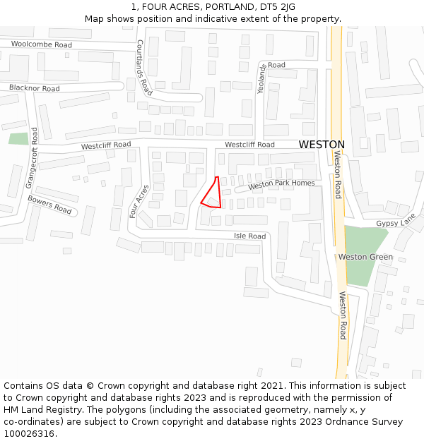 1, FOUR ACRES, PORTLAND, DT5 2JG: Location map and indicative extent of plot