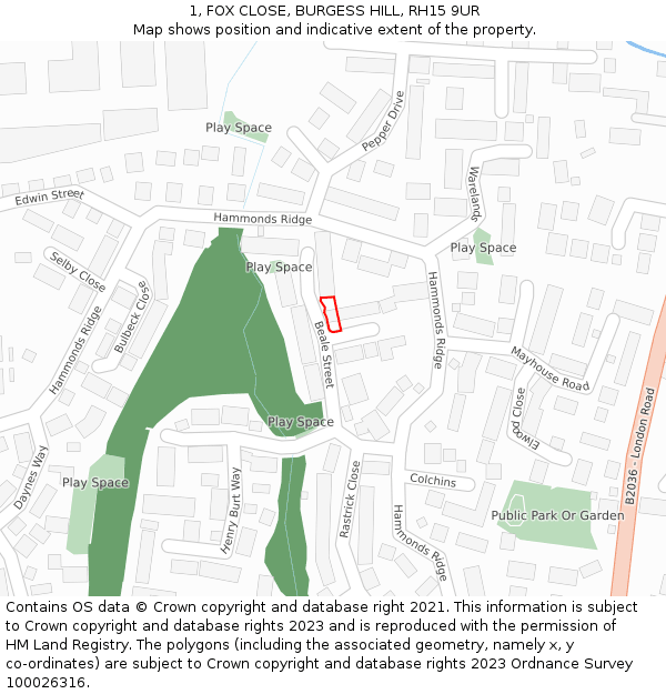 1, FOX CLOSE, BURGESS HILL, RH15 9UR: Location map and indicative extent of plot