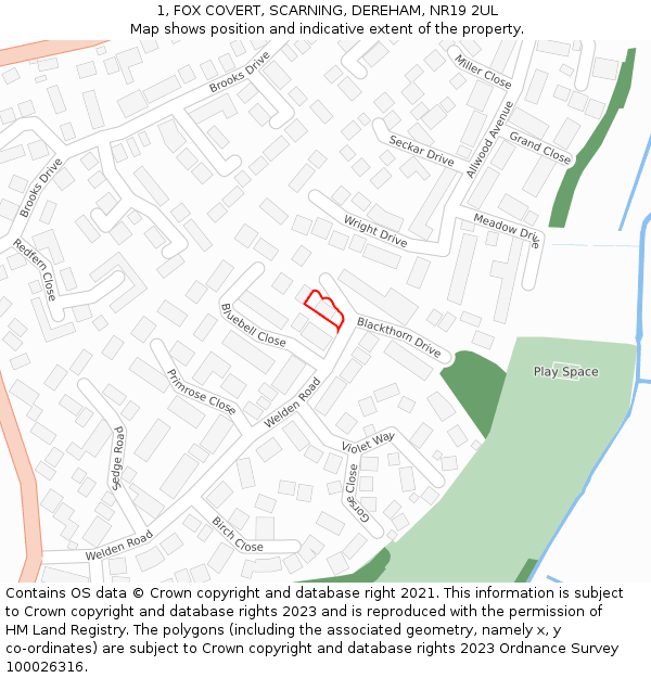 1, FOX COVERT, SCARNING, DEREHAM, NR19 2UL: Location map and indicative extent of plot