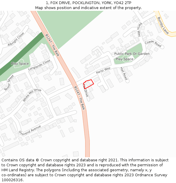 1, FOX DRIVE, POCKLINGTON, YORK, YO42 2TP: Location map and indicative extent of plot