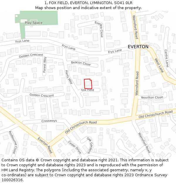 1, FOX FIELD, EVERTON, LYMINGTON, SO41 0LR: Location map and indicative extent of plot