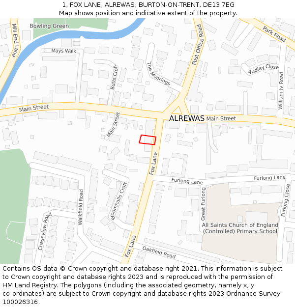 1, FOX LANE, ALREWAS, BURTON-ON-TRENT, DE13 7EG: Location map and indicative extent of plot