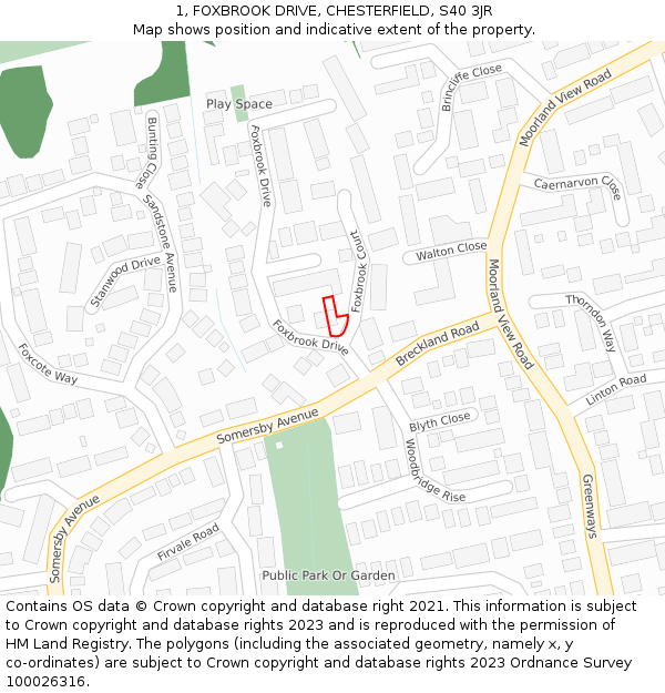 1, FOXBROOK DRIVE, CHESTERFIELD, S40 3JR: Location map and indicative extent of plot