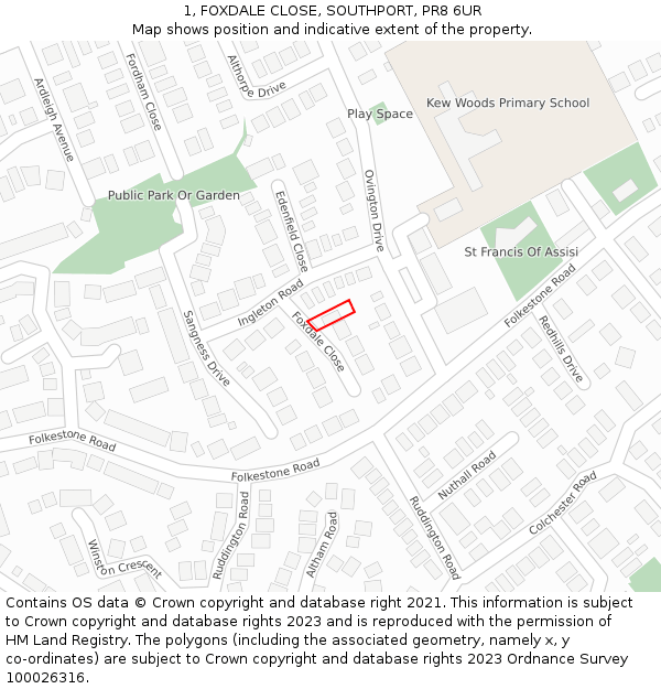 1, FOXDALE CLOSE, SOUTHPORT, PR8 6UR: Location map and indicative extent of plot