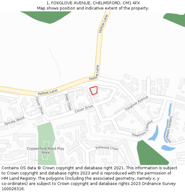 1, FOXGLOVE AVENUE, CHELMSFORD, CM1 4FX: Location map and indicative extent of plot