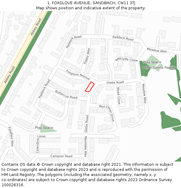 1, FOXGLOVE AVENUE, SANDBACH, CW11 3TJ: Location map and indicative extent of plot