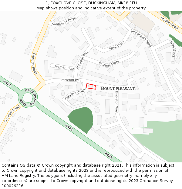 1, FOXGLOVE CLOSE, BUCKINGHAM, MK18 1FU: Location map and indicative extent of plot