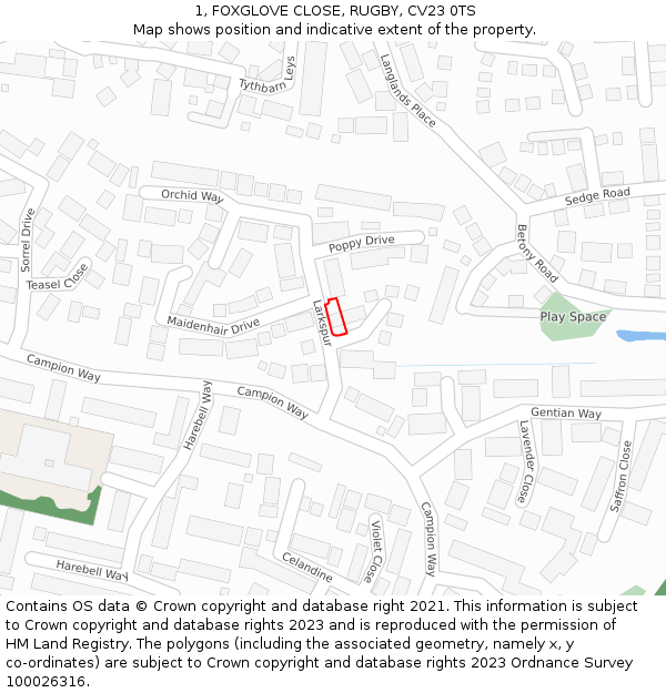 1, FOXGLOVE CLOSE, RUGBY, CV23 0TS: Location map and indicative extent of plot