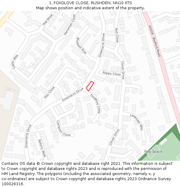 1, FOXGLOVE CLOSE, RUSHDEN, NN10 0TS: Location map and indicative extent of plot