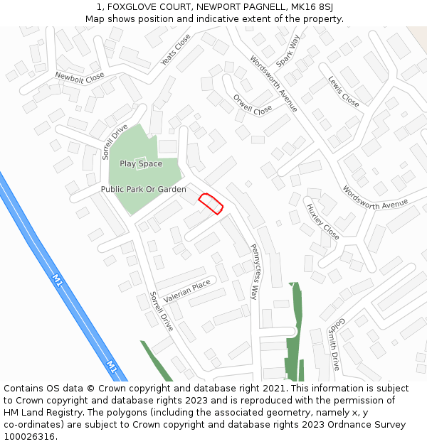 1, FOXGLOVE COURT, NEWPORT PAGNELL, MK16 8SJ: Location map and indicative extent of plot