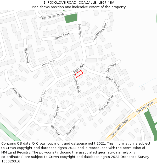 1, FOXGLOVE ROAD, COALVILLE, LE67 4BA: Location map and indicative extent of plot