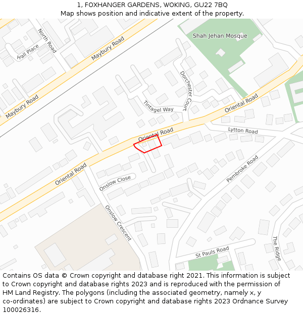 1, FOXHANGER GARDENS, WOKING, GU22 7BQ: Location map and indicative extent of plot