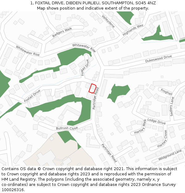 1, FOXTAIL DRIVE, DIBDEN PURLIEU, SOUTHAMPTON, SO45 4NZ: Location map and indicative extent of plot