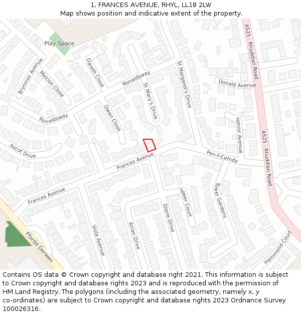 1, FRANCES AVENUE, RHYL, LL18 2LW: Location map and indicative extent of plot