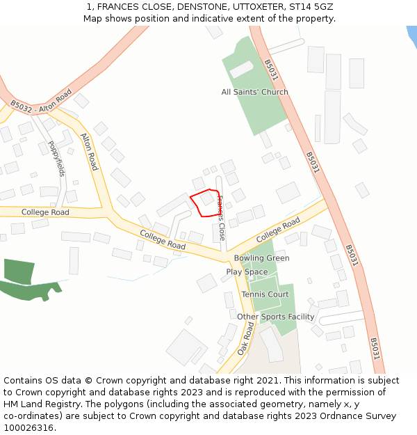 1, FRANCES CLOSE, DENSTONE, UTTOXETER, ST14 5GZ: Location map and indicative extent of plot