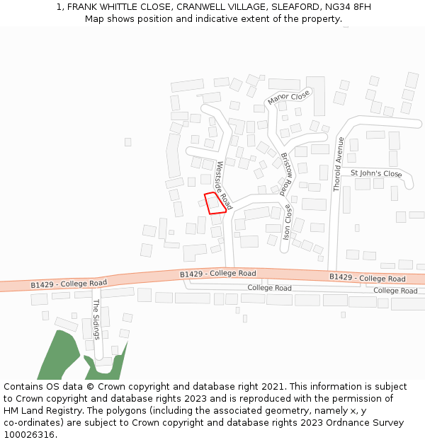 1, FRANK WHITTLE CLOSE, CRANWELL VILLAGE, SLEAFORD, NG34 8FH: Location map and indicative extent of plot