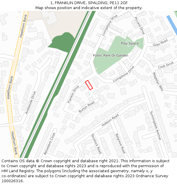 1, FRANKLIN DRIVE, SPALDING, PE11 2GF: Location map and indicative extent of plot