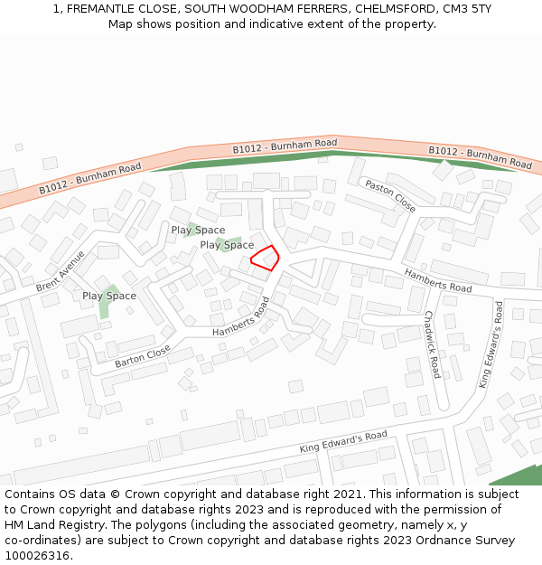 1, FREMANTLE CLOSE, SOUTH WOODHAM FERRERS, CHELMSFORD, CM3 5TY: Location map and indicative extent of plot