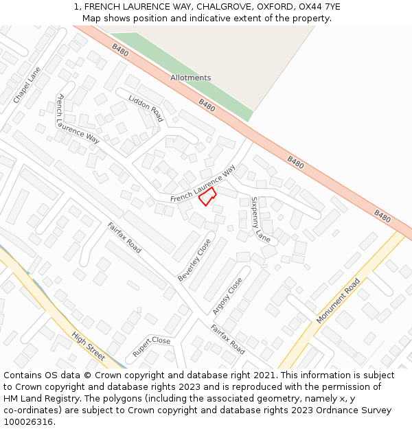 1, FRENCH LAURENCE WAY, CHALGROVE, OXFORD, OX44 7YE: Location map and indicative extent of plot