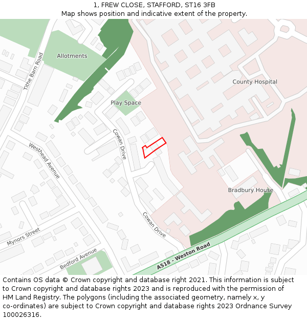 1, FREW CLOSE, STAFFORD, ST16 3FB: Location map and indicative extent of plot