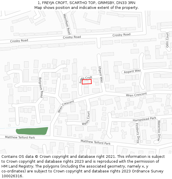 1, FREYJA CROFT, SCARTHO TOP, GRIMSBY, DN33 3RN: Location map and indicative extent of plot