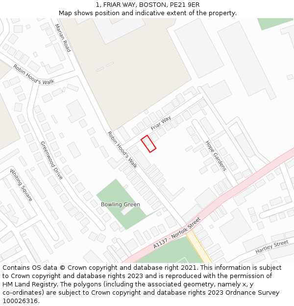 1, FRIAR WAY, BOSTON, PE21 9ER: Location map and indicative extent of plot