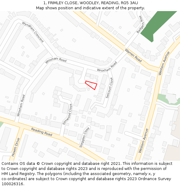 1, FRIMLEY CLOSE, WOODLEY, READING, RG5 3AU: Location map and indicative extent of plot