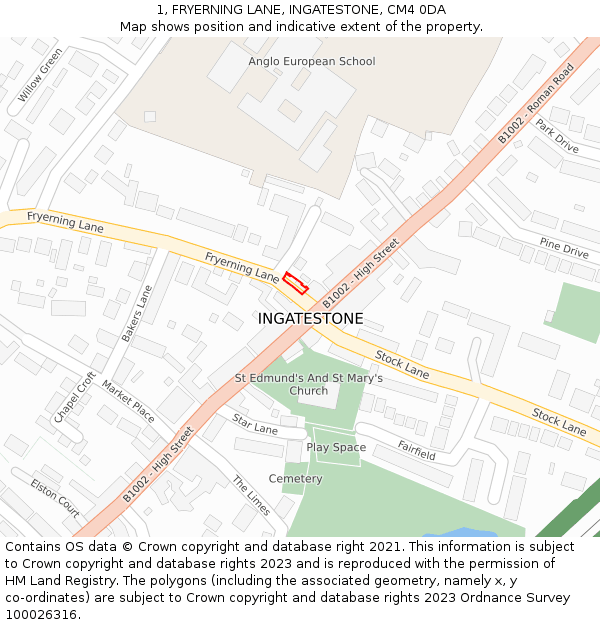 1, FRYERNING LANE, INGATESTONE, CM4 0DA: Location map and indicative extent of plot