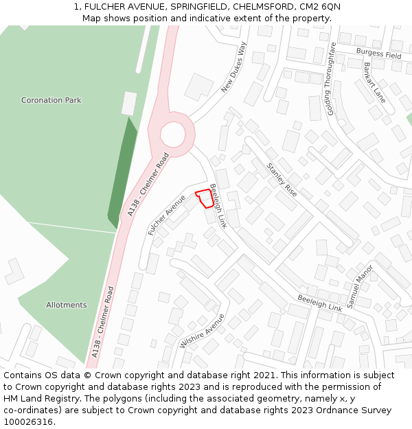 1, FULCHER AVENUE, SPRINGFIELD, CHELMSFORD, CM2 6QN: Location map and indicative extent of plot