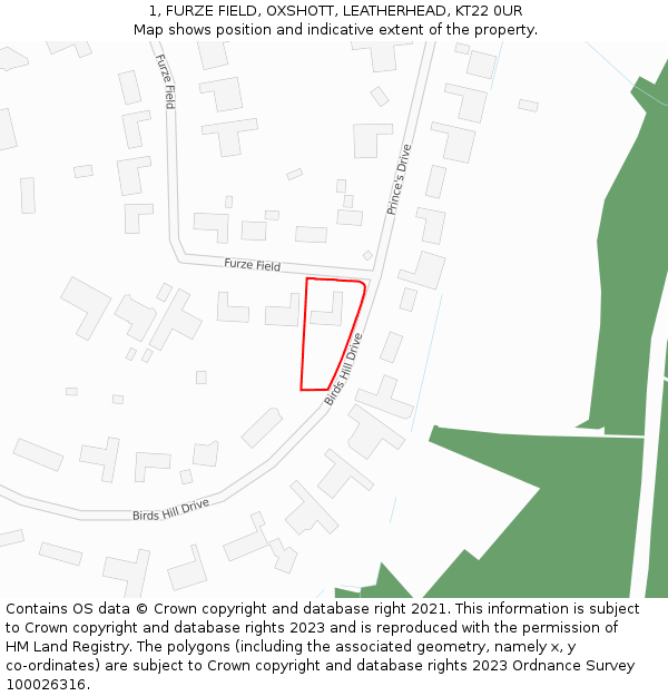 1, FURZE FIELD, OXSHOTT, LEATHERHEAD, KT22 0UR: Location map and indicative extent of plot