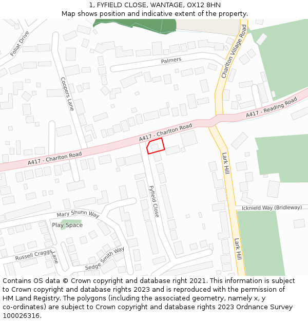 1, FYFIELD CLOSE, WANTAGE, OX12 8HN: Location map and indicative extent of plot