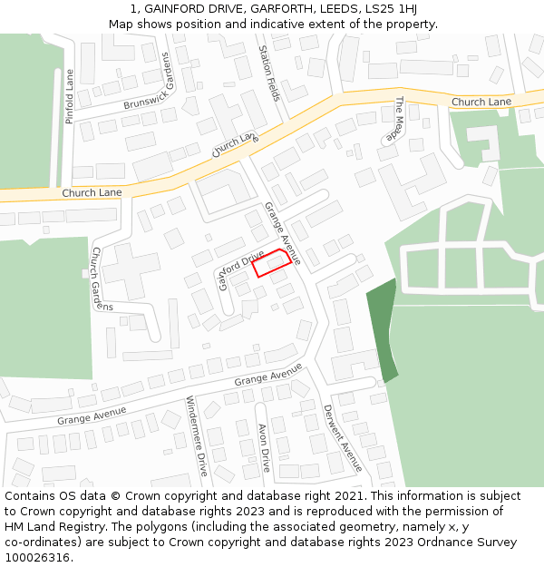 1, GAINFORD DRIVE, GARFORTH, LEEDS, LS25 1HJ: Location map and indicative extent of plot