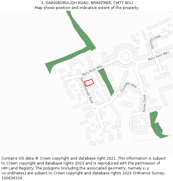 1, GAINSBOROUGH ROAD, BRAINTREE, CM77 8DU: Location map and indicative extent of plot