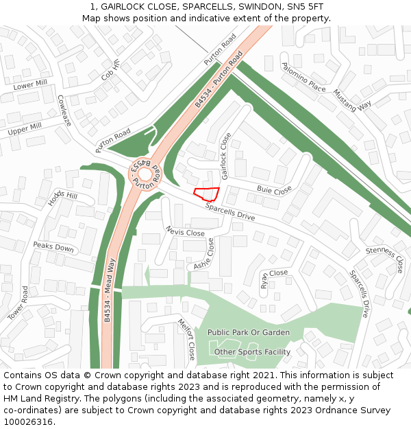1, GAIRLOCK CLOSE, SPARCELLS, SWINDON, SN5 5FT: Location map and indicative extent of plot