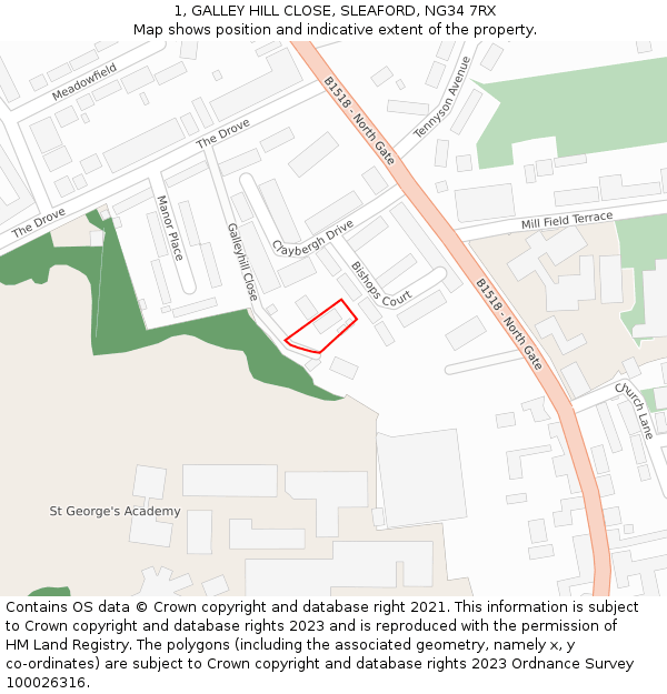 1, GALLEY HILL CLOSE, SLEAFORD, NG34 7RX: Location map and indicative extent of plot