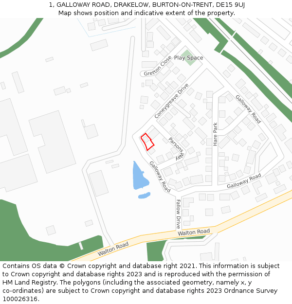 1, GALLOWAY ROAD, DRAKELOW, BURTON-ON-TRENT, DE15 9UJ: Location map and indicative extent of plot