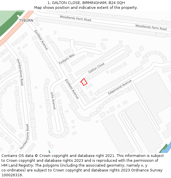 1, GALTON CLOSE, BIRMINGHAM, B24 0QH: Location map and indicative extent of plot