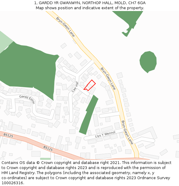1, GARDD YR GWANWYN, NORTHOP HALL, MOLD, CH7 6GA: Location map and indicative extent of plot