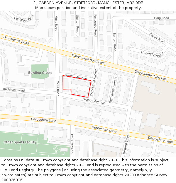 1, GARDEN AVENUE, STRETFORD, MANCHESTER, M32 0DB: Location map and indicative extent of plot