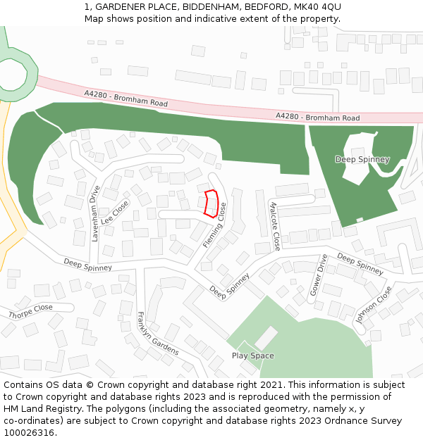 1, GARDENER PLACE, BIDDENHAM, BEDFORD, MK40 4QU: Location map and indicative extent of plot