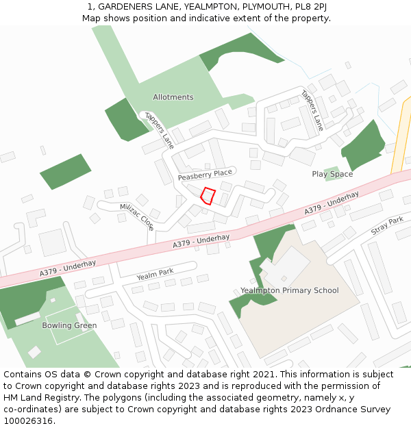 1, GARDENERS LANE, YEALMPTON, PLYMOUTH, PL8 2PJ: Location map and indicative extent of plot