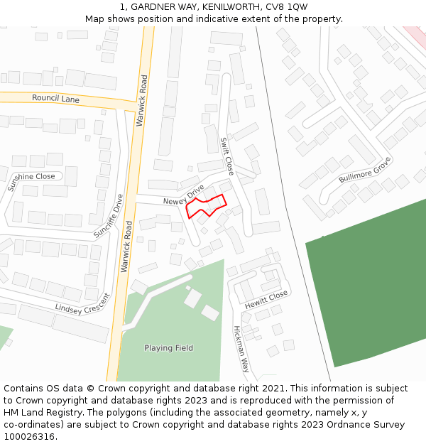 1, GARDNER WAY, KENILWORTH, CV8 1QW: Location map and indicative extent of plot