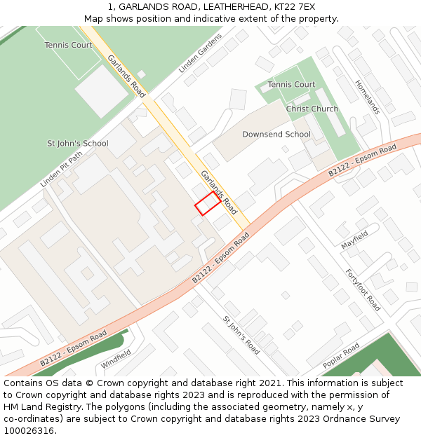 1, GARLANDS ROAD, LEATHERHEAD, KT22 7EX: Location map and indicative extent of plot